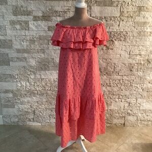 Elizabeth Wilson Designs Pink Coral Eyelet Ruffle Midi Dress